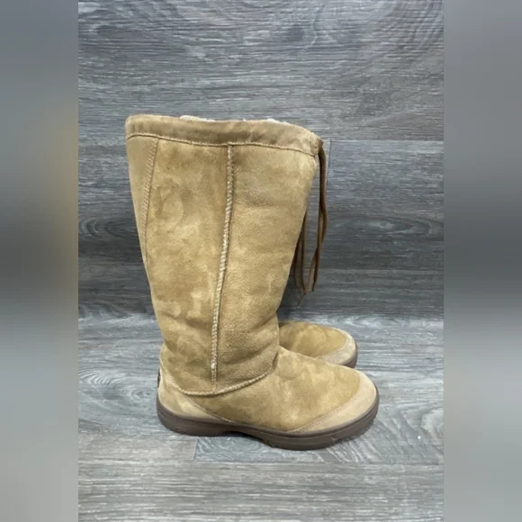 UGG vintage brown tan leather tall Drawatring boots sheepskin Platform Sherpa 9 - Picture 10 of 12